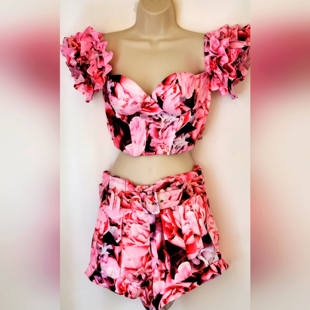 NWT House of Maguie Rosa Peonies  Bloom Corset Top & Paper Bag Short Set sz M